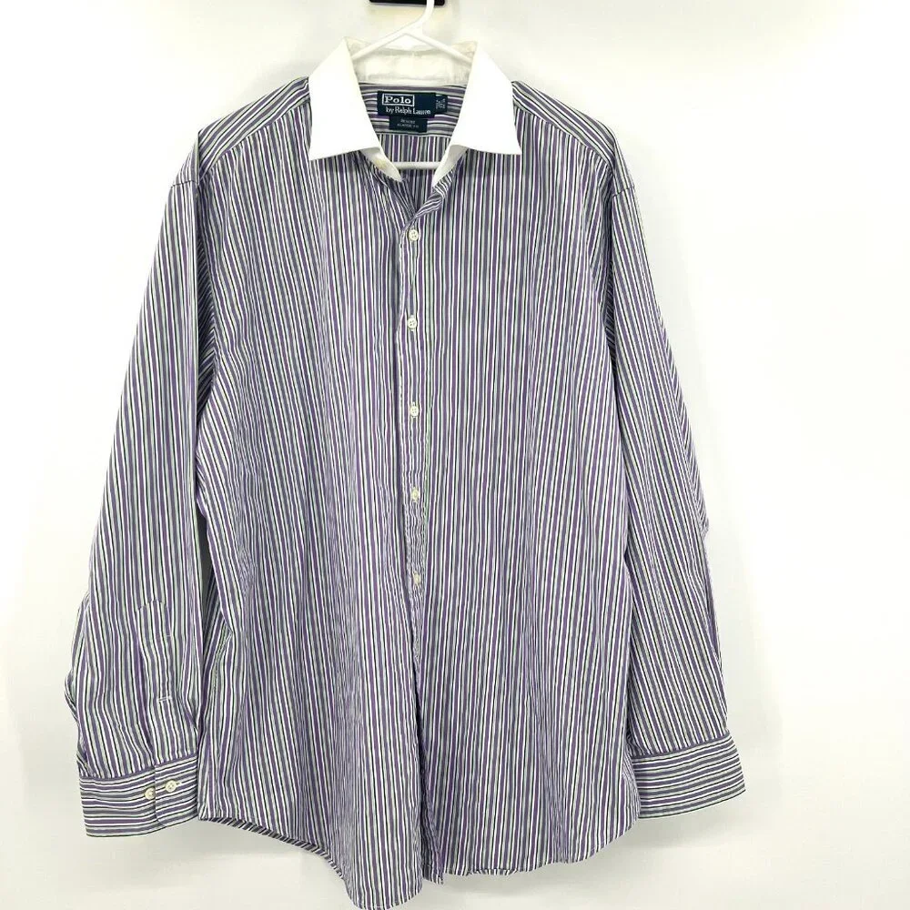 Polo by Ralph Lauren Regent Classic Fit Purple Green Striped Shirt 17.5 34/35
